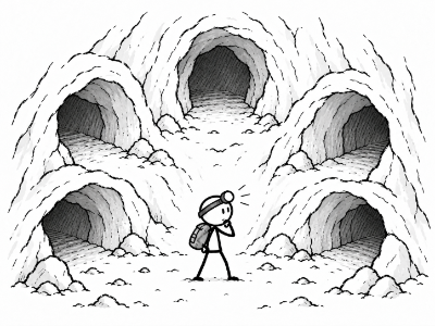 A cave chamber with many possible exits