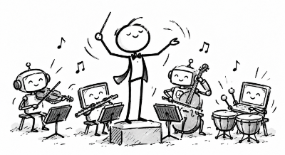 A human conductor directing an orchestra of AI helpers